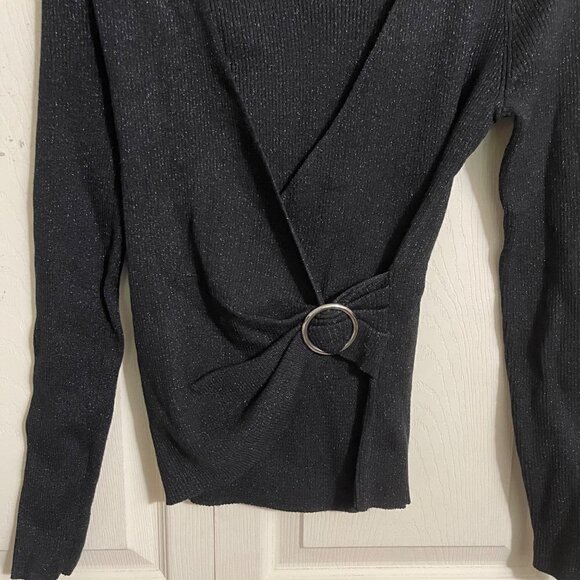 INC Womens Black Gold Weave Y2K Ribbed Faux Wrap Buckle Stretch Blouse Medium - Picture 3 of 6